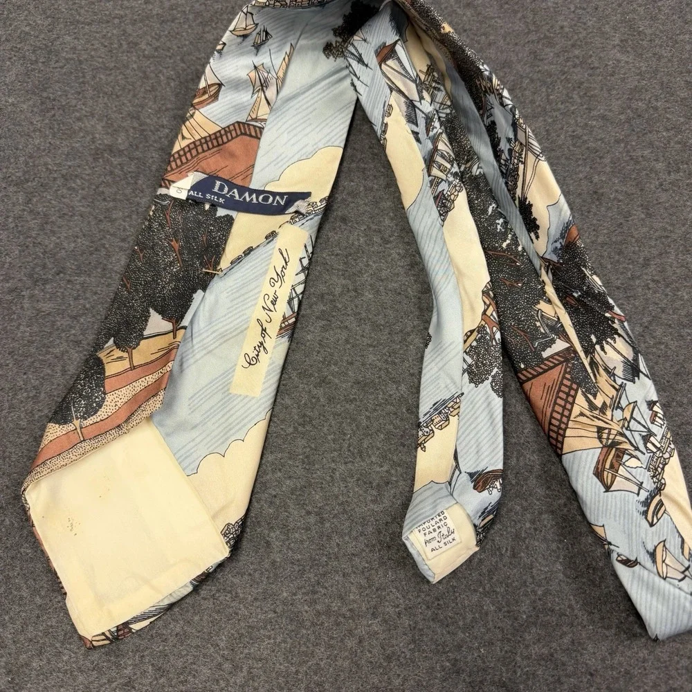 Vintage Damon All Silk Men's Necktie Nautical Americana Landscape Pattern